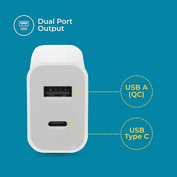 D-Link 20W Dual Port Fast Charger Type-C & USB-A for All Mobiles Phones, Tablets, Power Banks, Smart Watches, Earbuds Etc. Bis Certified, Compact Size & Easy to Carry. - White