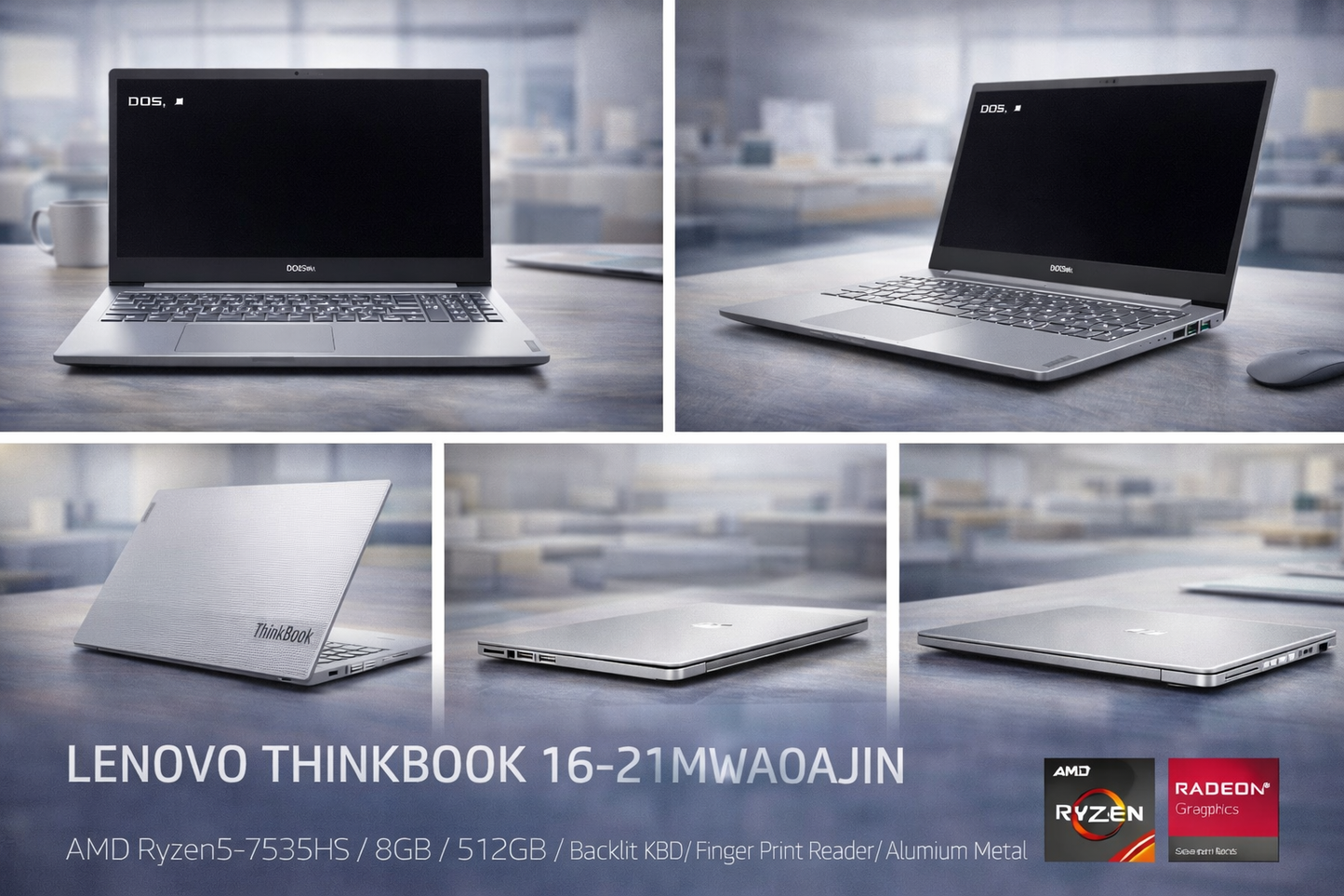Lenovo ThinkBook 16 (Model: 21MWA0AJIN) – AMD Ryzen 5 7535HS • 8GB RAM • 512GB SSD • 16" FHD • Backlit Keyboard • Fingerprint Reader • Metal Body • DOS – Metallic Silver