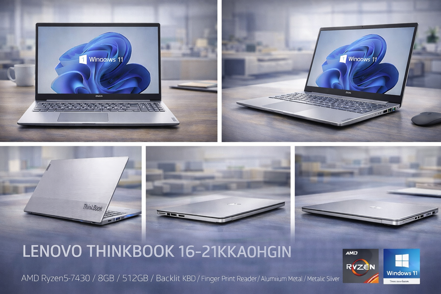 Lenovo ThinkBook 16 (Model: 21KKA0HGIN) – AMD Ryzen 5 7430 • 8GB RAM • 512GB SSD • 16" FHD • Backlit Keyboard • Fingerprint Reader • Metal Body • Windows 11 – Metallic Silver