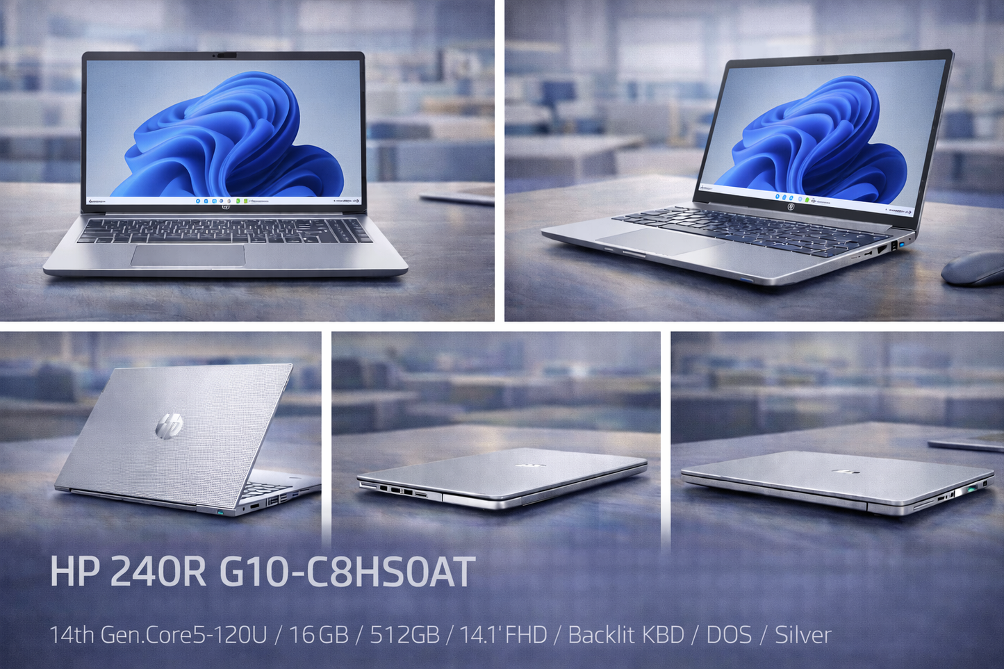 HP 240R G10 (Model: C8HS0AT) – 14th Gen Core5-120U • 16GB RAM • 512GB SSD • 14.1" FHD • Backlit Keyboard • DOS – Silver