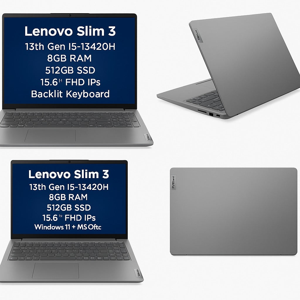 Lenovo IdeaPad Slim 3 (Model: 83K100CAIN) – 13th Gen i5-13420H • 8GB DDR5 (Expandable) • 512GB SSD • 15.6" WUXGA • Windows 11 + MS Office • ADP – Luna Grey