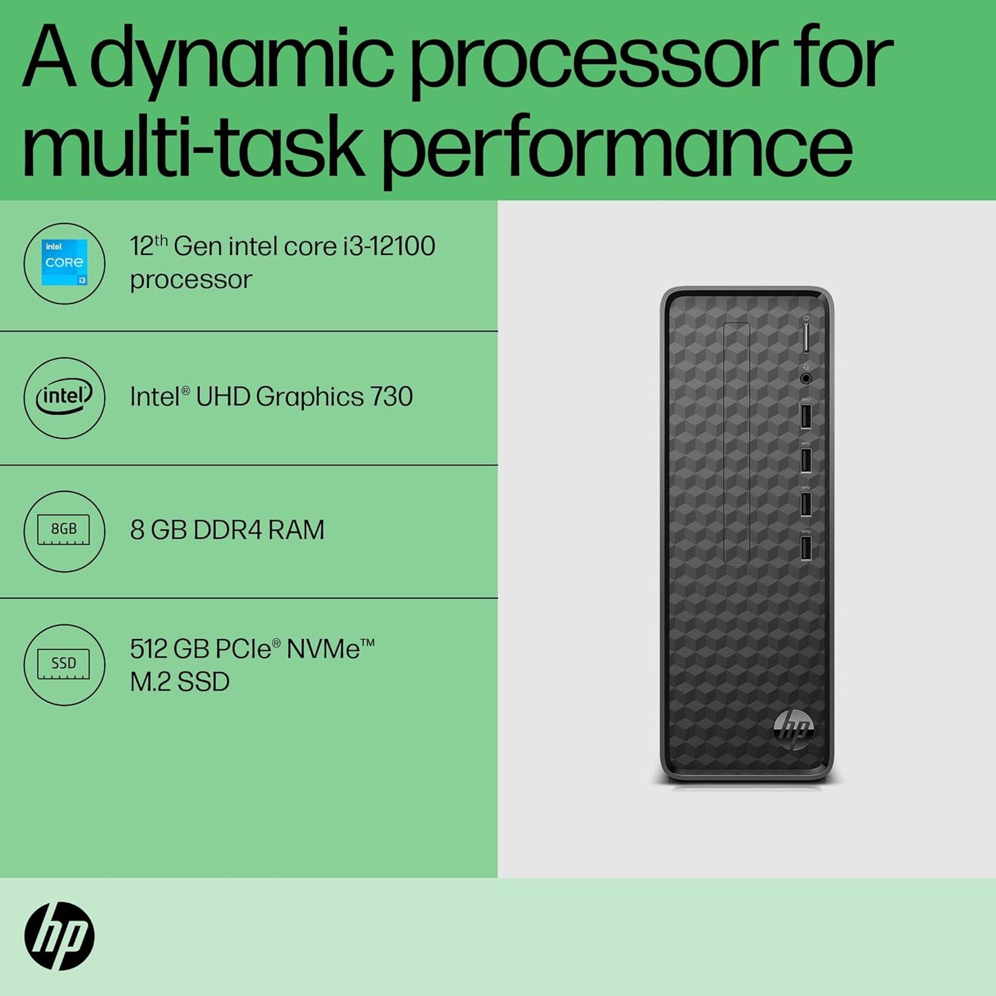 HP Slim pF3234in Tower Desktop 13th Gen.Core i3-13100/8GB/512GB/Wired Keyboard & Mouse/W11+MS-Office/Dark Black