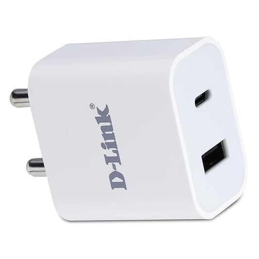 D-Link 20W Dual Port Fast Charger Type-C & USB-A for All Mobiles Phones, Tablets, Power Banks, Smart Watches, Earbuds Etc. Bis Certified, Compact Size & Easy to Carry. - White