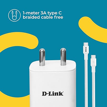 D-Link 33W Dual Port Fast Charger Type-C & Usb-A For All Mobiles Phones,Tablets,Power Banks,Smart Watches,Earbuds. Bis Certified,Compact Size & Easy To Carry. Free Type C To Type C 3A(60W) Cable-White