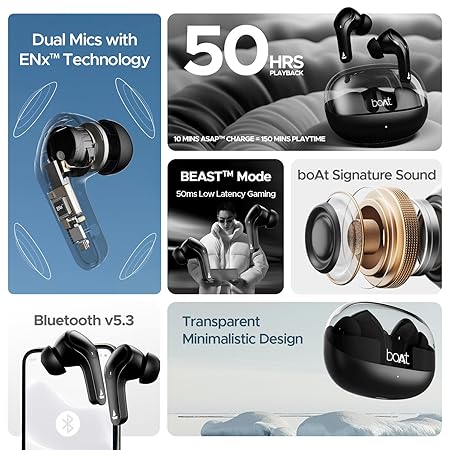 Boat Airdopes 311 Pro Truly Wireless in Ear Ear Buds w/Upto 50 HRS Playtime, Dual Mics with ENx™ Tech,50 ms Low-Latency Beast™ Mode,ASAP™ Charging, IPX4,IWP Tech & BT v5.3 Earbuds TWS