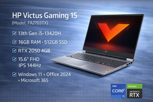 HP Victus Gaming 15 (Model: FA2703TX) – 13th Gen i5-13420H • 16GB RAM • 512GB SSD • RTX 2050 4GB • 15.6" FHD IPS 144Hz • Windows 11 + Office 2024 + Microsoft 365 – Mica Silver