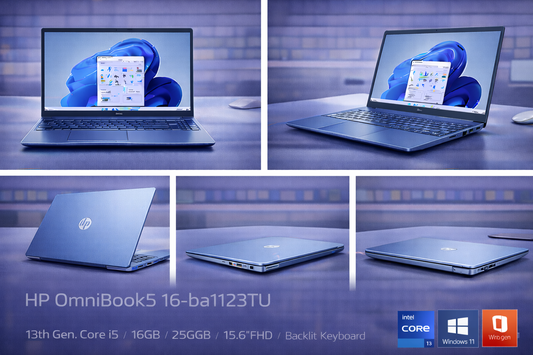 HP OmniBook5 16-ba1123TU – 13th Gen Core i5 • 16GB RAM • 512GB SSD • 15.6" FHD • Backlit Keyboard • Windows 11 + MS Office 2024 – Sky Blue Aluminium