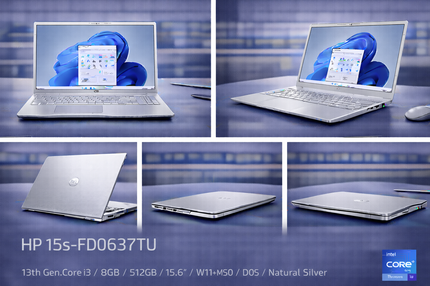 HP 15s (Model: FD0637TU) – 13th Gen Core i3 • 8GB RAM • 512GB SSD • 15.6" Display • Windows 11 + MS Office – Natural Silver