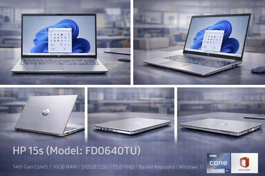 HP 15s (Model: FD0640TU) – 14th Gen Core5 • 16GB RAM • 512GB SSD • 15.6" FHD • Backlit Keyboard • Windows 11 + MS Office
