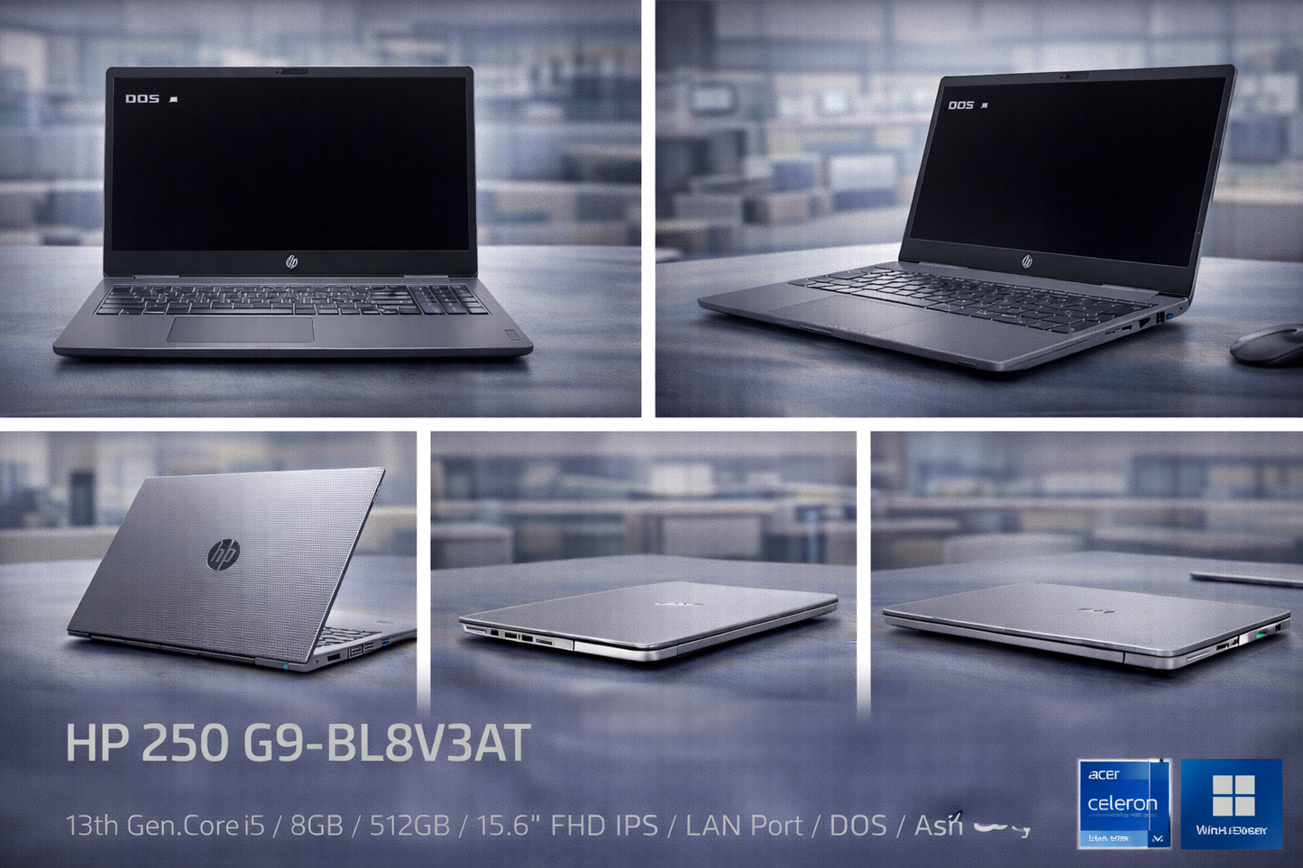 HP 250 G9 (Model: BL8V3AT) – 13th Gen Core i5 • 8GB RAM • 512GB SSD • 15.6" FHD IPS • LAN Port • DOS – Ash Grey