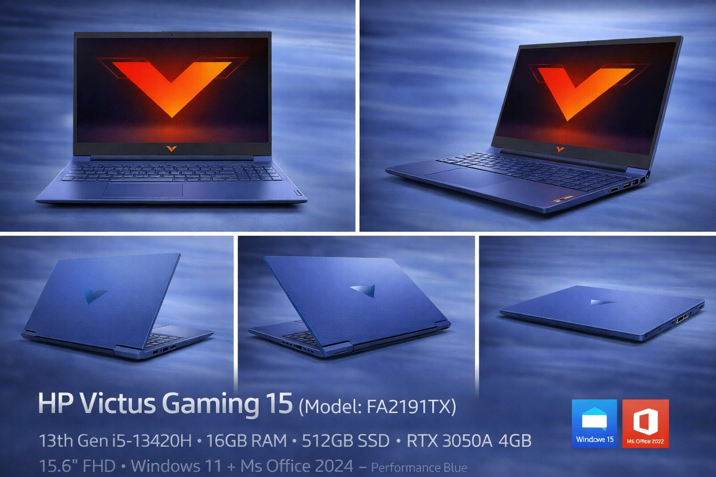 HP Victus Gaming 15 (Model: FA2191TX) – 13th Gen i5-13420H • 16GB RAM • 512GB SSD • RTX 3050A 4GB • 15.6" FHD • Windows 11 + MS Office 2024 – Performance Blue