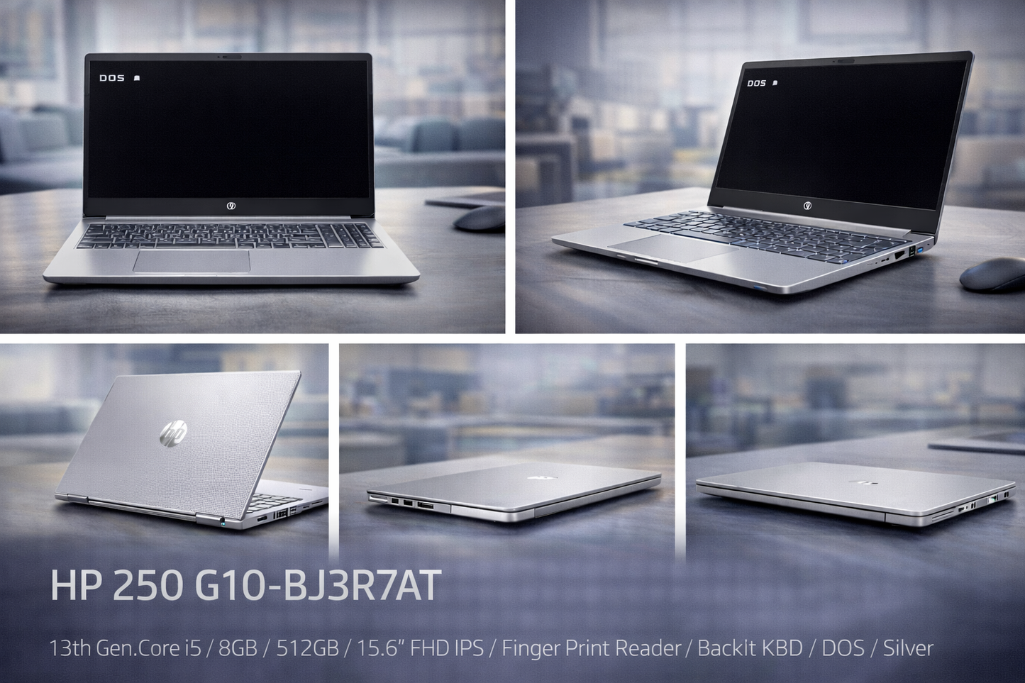 HP 250 G10 (Model: BJ3R7AT) – 13th Gen Core i5 • 8GB RAM • 512GB SSD • 15.6" FHD IPS • Fingerprint Reader • Backlit Keyboard • DOS – Silver