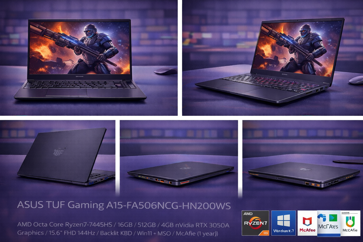 ASUS TUF Gaming A15 (Model: FA506NCG-HN200WS) – Ryzen 7 7445HS • 16GB RAM • 512GB SSD • RTX 3050A 4GB • 15.6" FHD 144Hz • Backlit Keyboard • Windows 11 + MS Office – Graphite Black