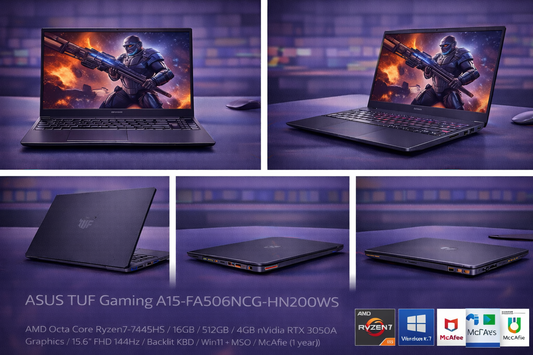 ASUS TUF Gaming A15 (Model: FA506NCG-HN200WS) – Ryzen 7 7445HS • 16GB RAM • 512GB SSD • RTX 3050A 4GB • 15.6" FHD 144Hz • Backlit Keyboard • Windows 11 + MS Office – Graphite Black