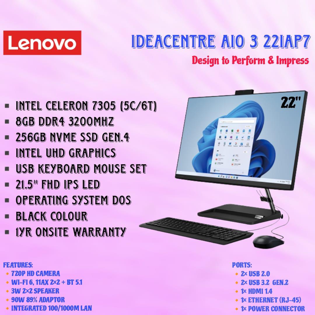 Lenovo IdeaCentre AIO3-221AP7 Intel Celeron 7305/8GB/256GB/21.5" FHD/DOS/Black