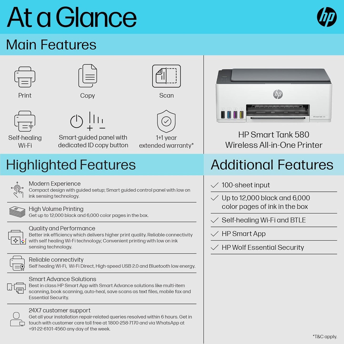 HP Smart Tank 580 Wireless All-in-One Multi-function Color Ink Tank Printer with 1 Extra Black Ink Bottle (Upto 8000 Black & 6000 Colour Prints) + 1 Year Extended Warranty with PHA Coverage