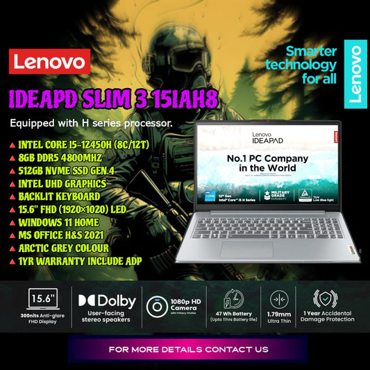 Lenovo IdeaPad Slim3-83ER00F2IN 12th Gen.Corei5-12450H/8GB/512GB/15.6" FHD IPS/Built-in-Alexa/Backlit KBD/W11+MSO/Arctic Grey/ADP